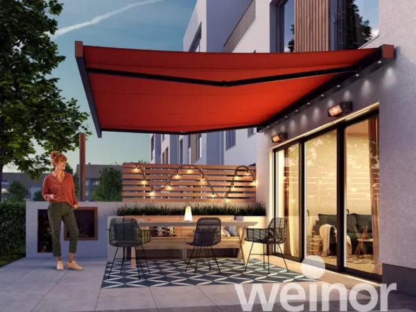 Weinor Smaila Cubic Outdoor Awning for sale. Fit to measure, folding arm, remote controlled awning in Ireland