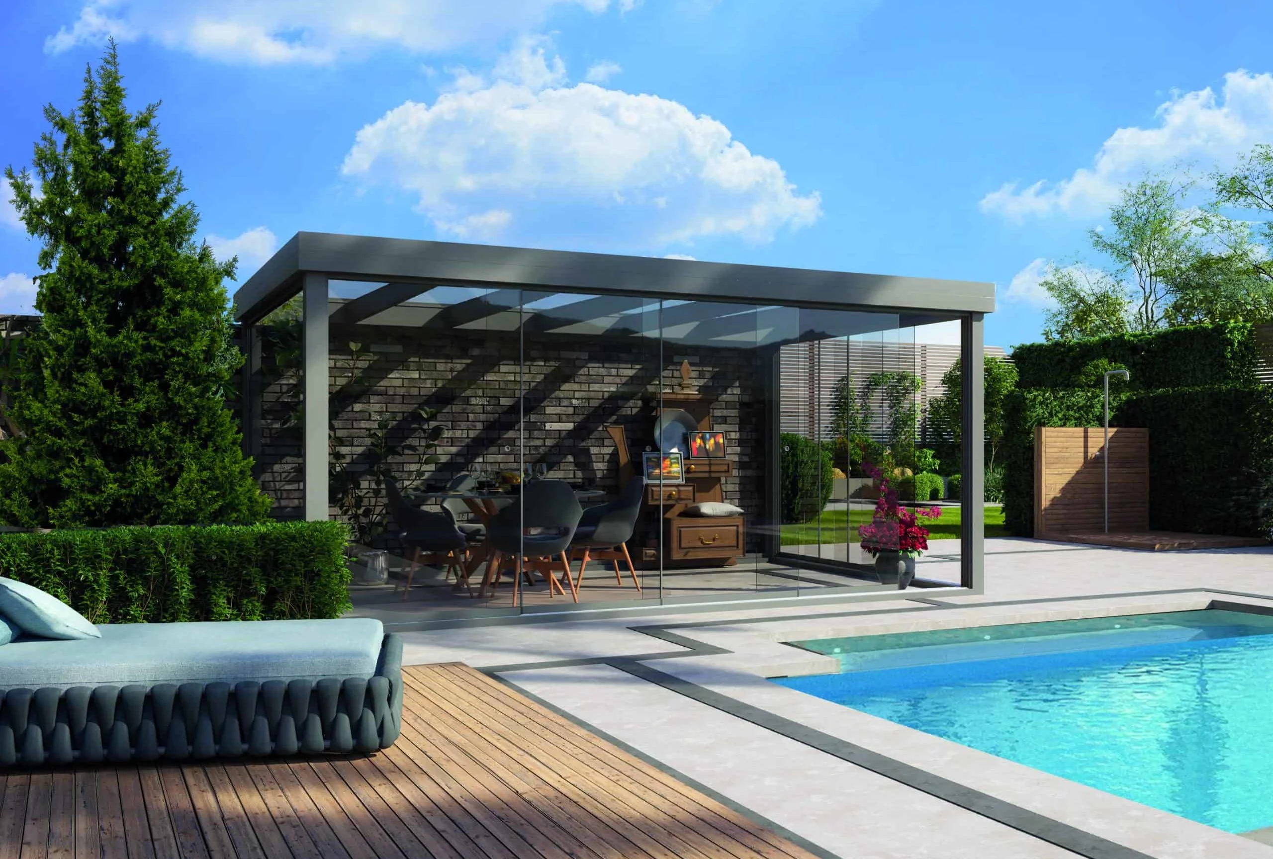 The Outdoor Scene Flat Roof Free Standing Edition Veranda With Glass Doors