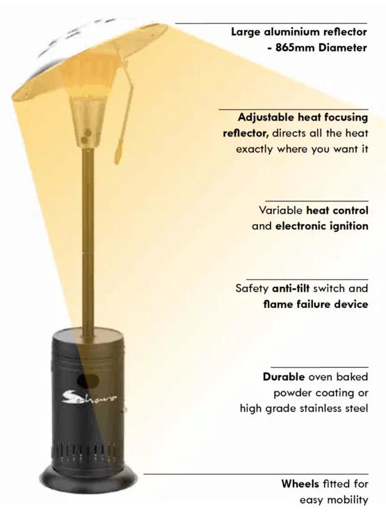 Sahara Patio gas heater X 13 for sale. Enjoy garden even in summer evening with the Outdoor Scene's outdoor heating range