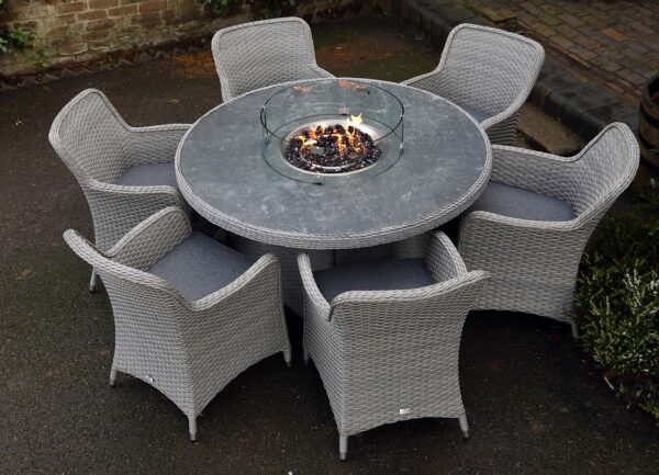 Catalan Six Seater Round Outdoor Dining Set With Fire Pit Table