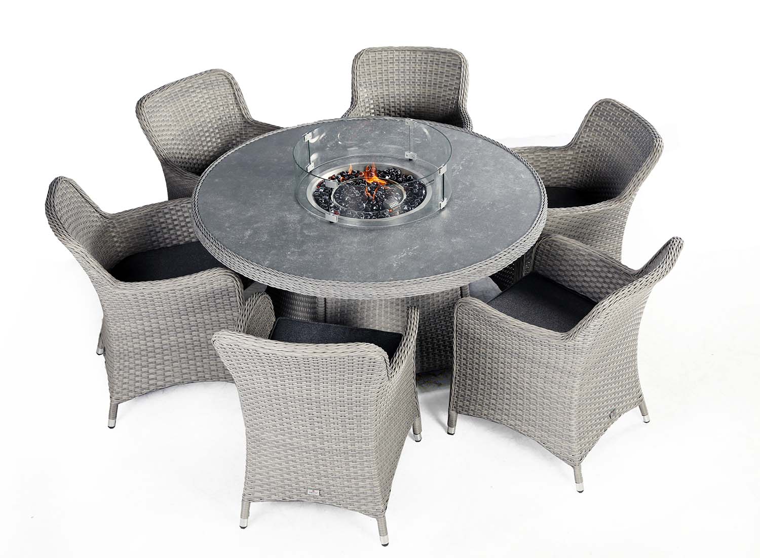 Catalan Six Seater Round Outdoor Dining Set With Fire Pit Table