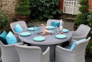 Catalan Six Seater Round Outdoor Dining Set With Fire Pit Table