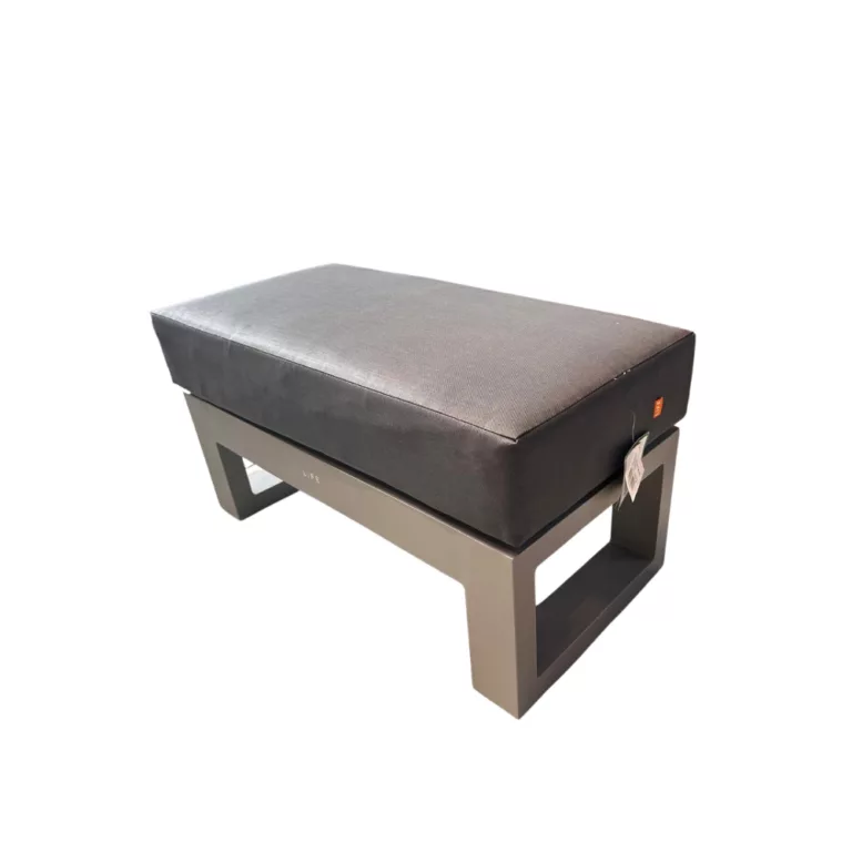 Mallorca bench, outdoor bench, patio furniture, all weather cushion, light grey frame and anthracite cushion from life. Furniture for sale, lifestyle picture