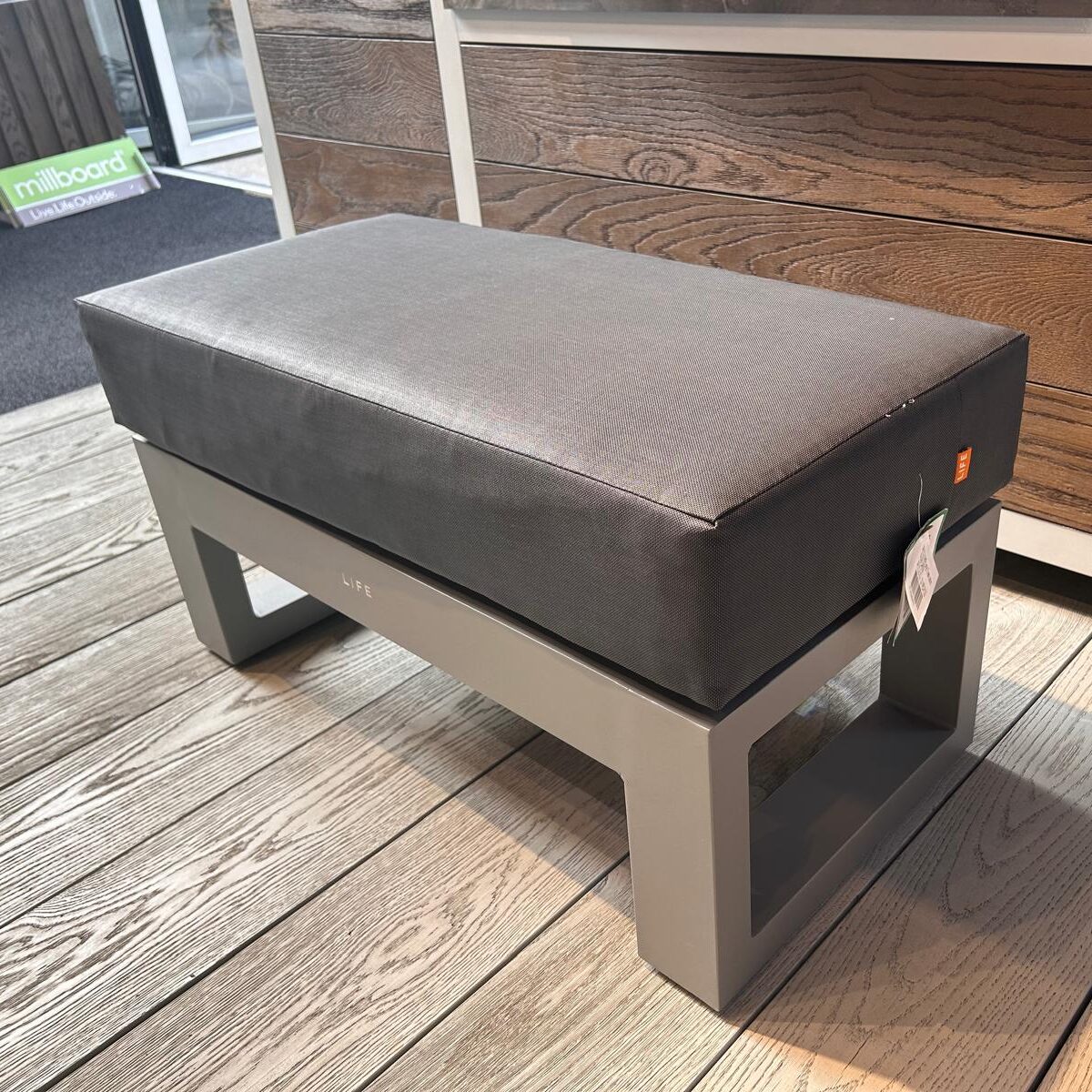 Mallorca bench, outdoor bench, patio furniture, all weather cushion, light grey frame and anthracite cushion from life. Furniture for sale, lifestyle picture