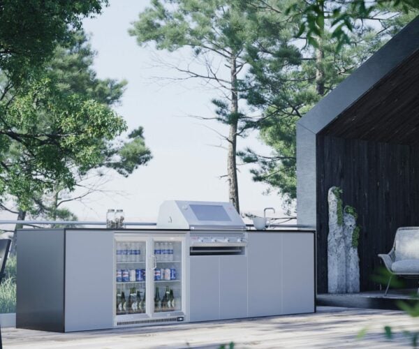 The Fremantle Outdoor Kitchen. Featuring the BeefEater bbq, double fridge, very generous workspace, sink & tap.