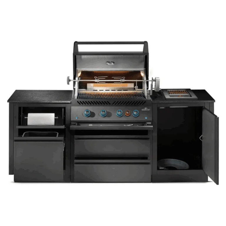 Napoleon Outdoor Kitchen with all cabinets open. Outdoor Kitchen for sale from The Outdoor Scene