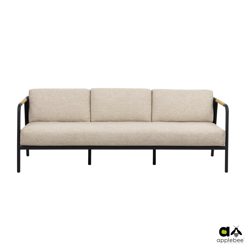 Elle Three-Seater Lounge Sofa (201cm) with Aluminium Black Frame, Belt Weaving in Black, and Bee Wett Cushion in Natural Oak