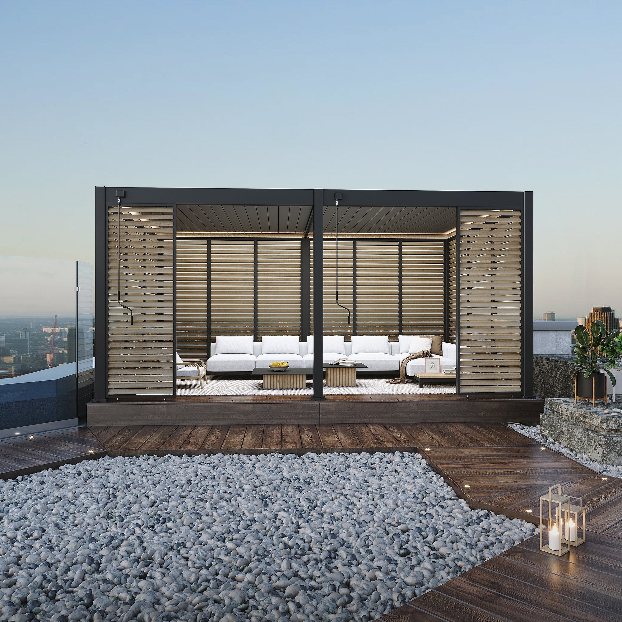 The Veranza 3.6 x 5.3 Louvered Roof Pergola from a Distance
