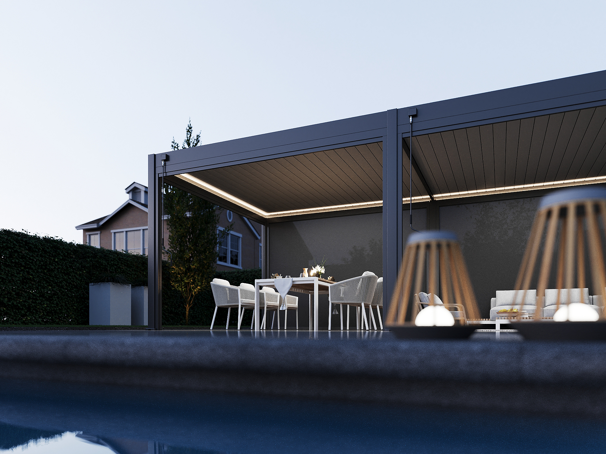 Veranza Louvered Roof Pergola With LED Lights – 7.2 x 3.6m