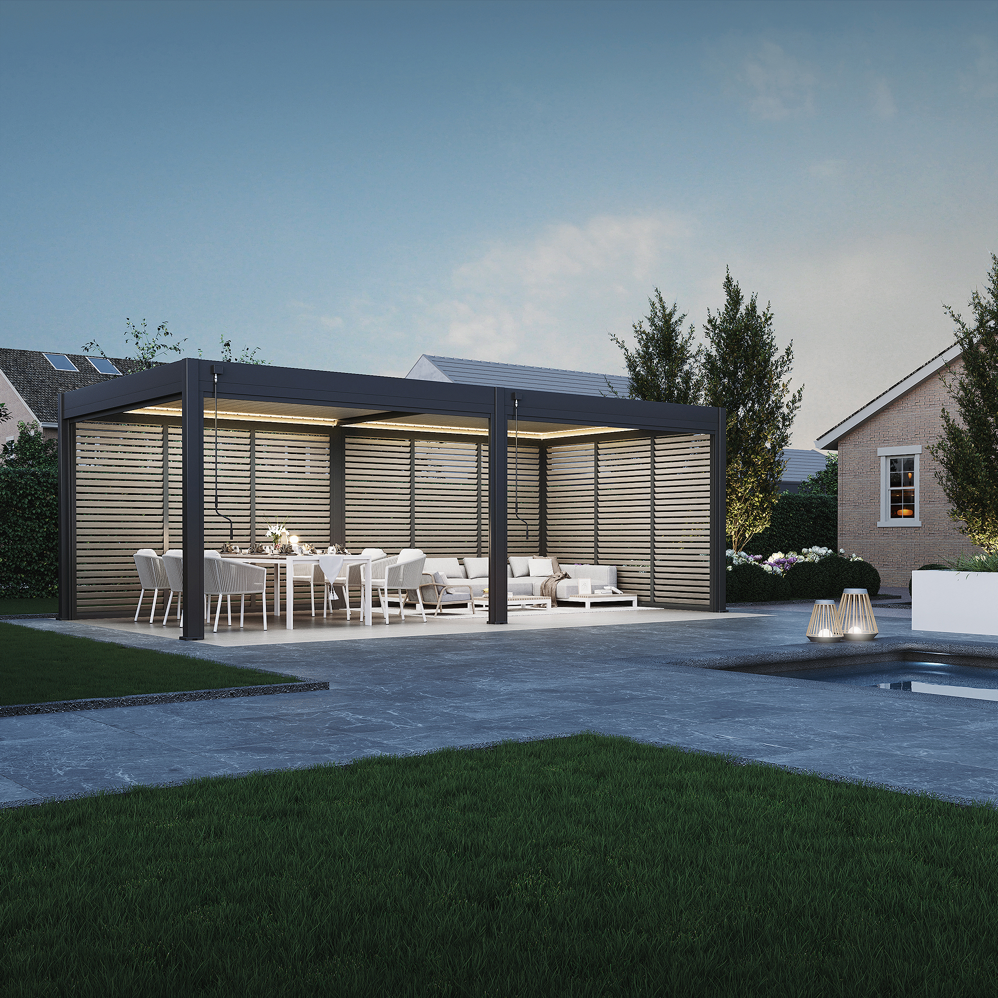 Veranza Louvered Roof Pergola With LED Lights – 7.2 x 3.6m