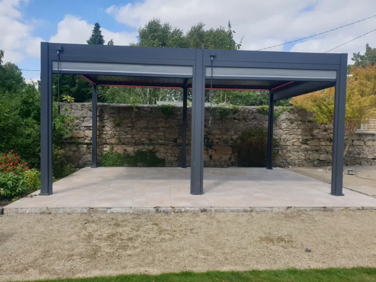 Recently Installed Louvered Roof Pergola in Ireland. Self build pergolas with manual louvers and LED lights on 4 posts