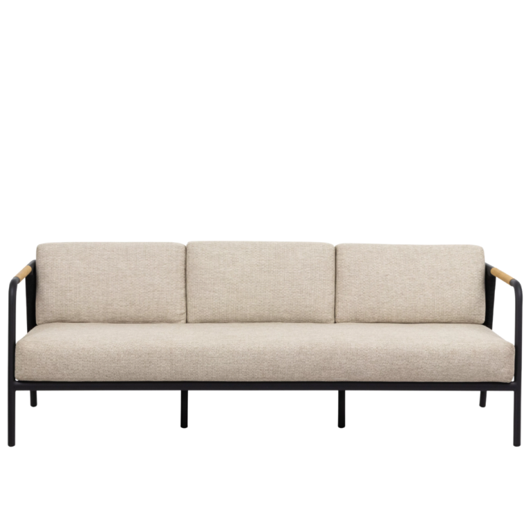 Elle Three-Seater Lounge Sofa (201cm) with Aluminium Black Frame, Belt Weaving in Black, and Bee Wett Cushion in Natural Oak