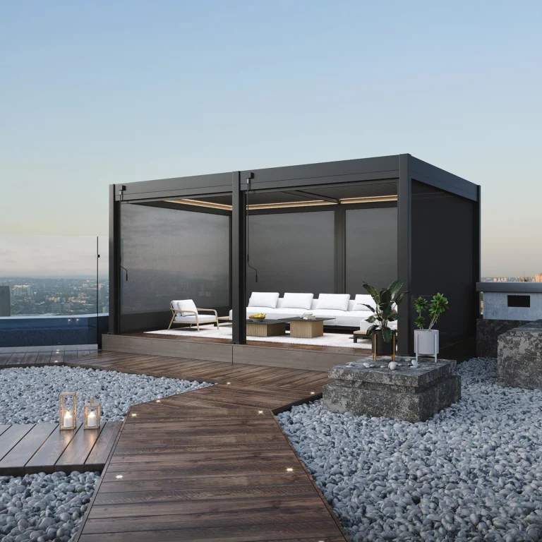 Louvered Roof Pergola for sale in Ireland. Self build pergolas with manual louvers and LED lights on 6 posts