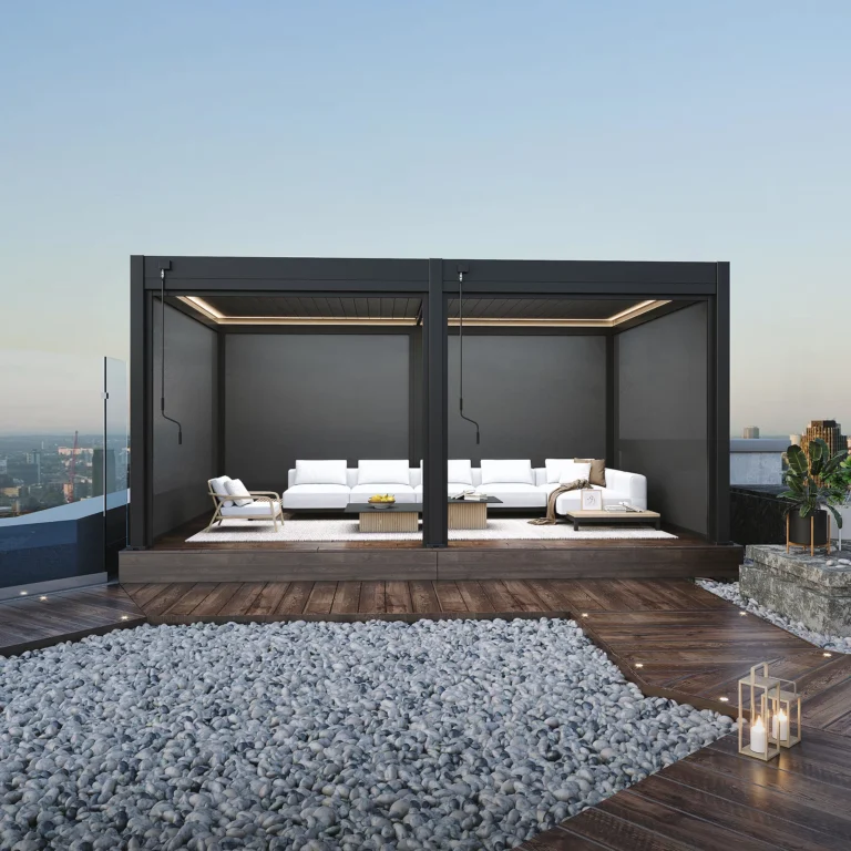 Veranza Louvered Roof Pergola for sale in Ireland. Self build pergolas with manual louvers and LED lights on 6 posts