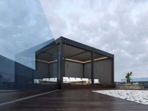 Louvered Roof Pergola for sale in Ireland. Self build pergolas with manual louvers and LED lights on 6 posts