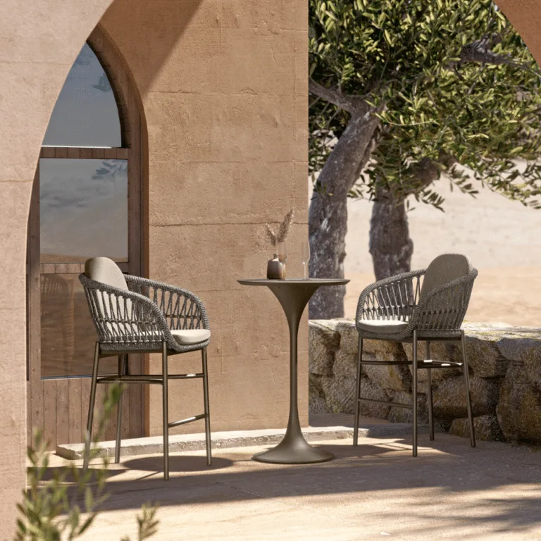 Bari premium bar stool with verona bar table for sale in Ireland. All weather cushions and construct.