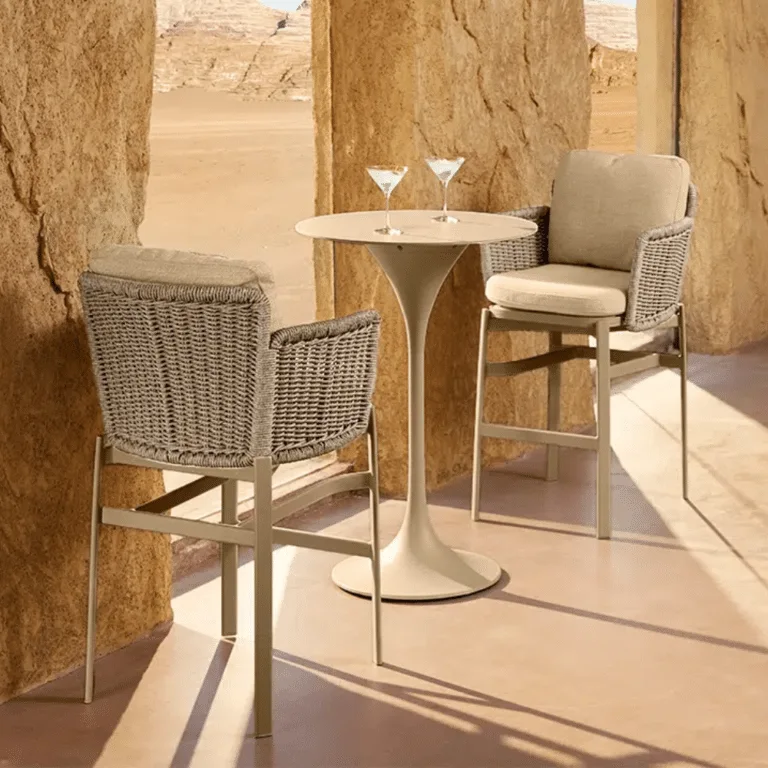 Bari premium bar stool with verona bar table for sale in Ireland. All weather cushions and construct.