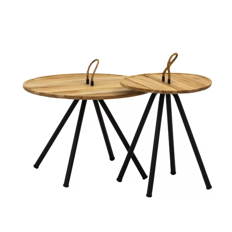 Elle Coffee Table Set – Chic Harmony with Black Aluminium Base and Natural Teak Wood