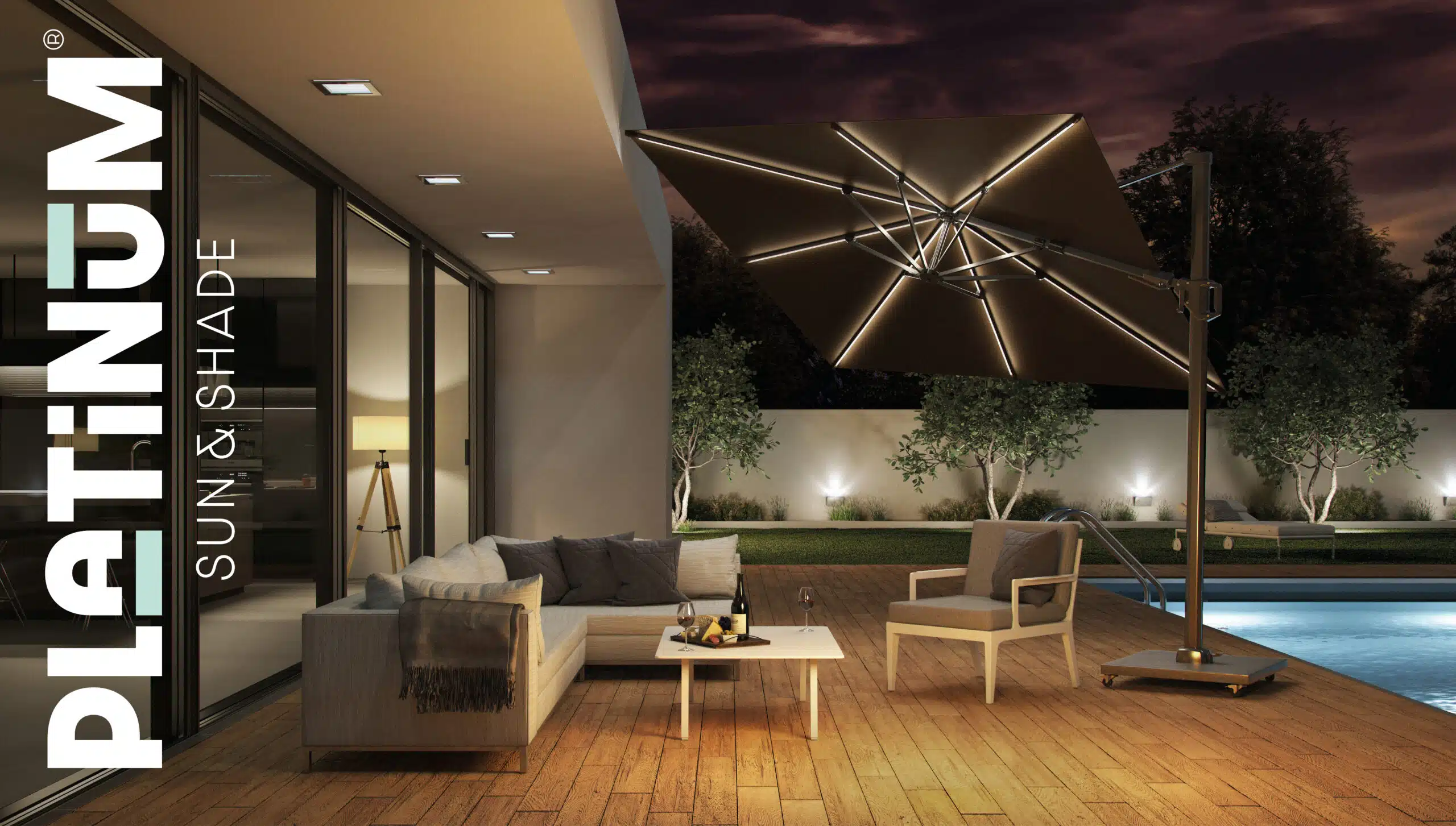 Platinum Challenger T² Glow Garden Parasol 3x3m Taupe with Modena Base