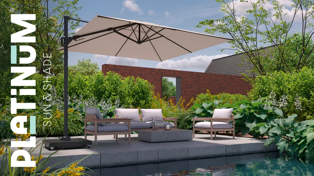 Platinum Sun and Shade Free Arm Modern Parasol with Base - Smart Outdoor Garden Umbrella and Parasols Ireland