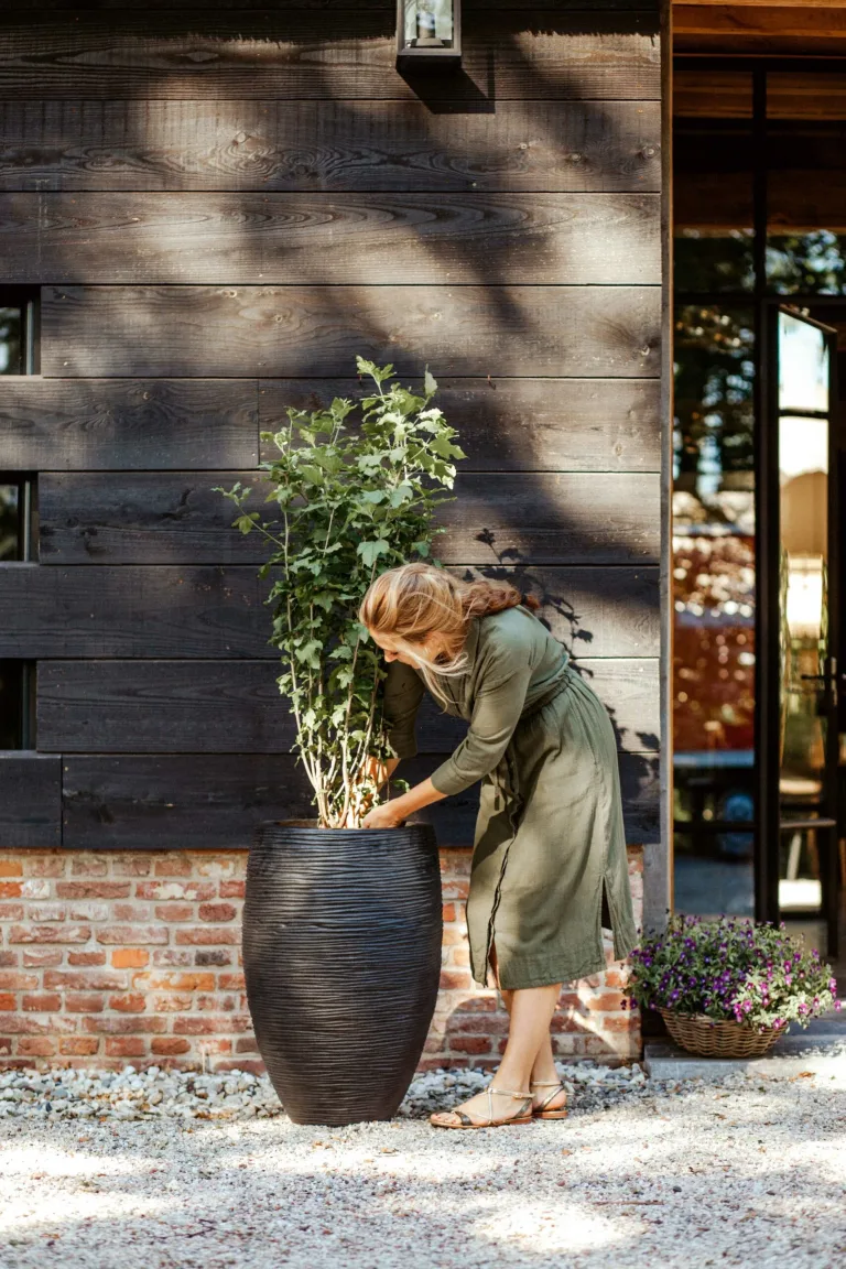 Lifestyle Image of a lady managing a Capi Vase Elegant Deluxe in Black and Gold Rib in Ireland