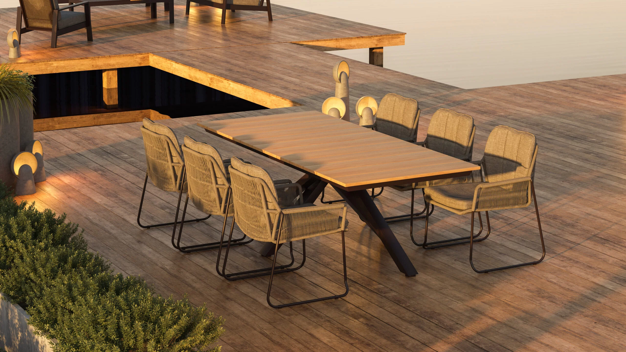 Six Charcoal Rivera Dining Chairs in an ambient outdoor setting