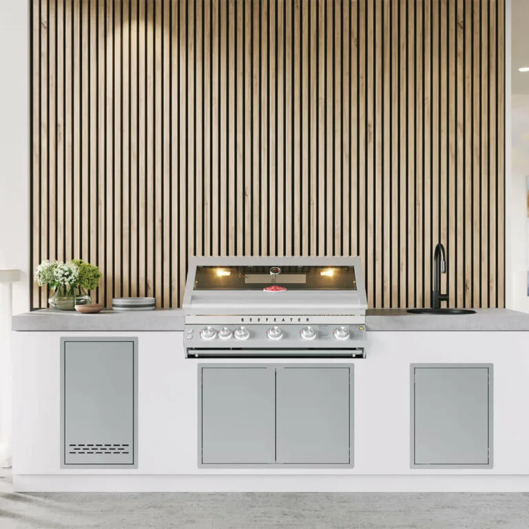 BeefEater Stainless Steel Gas Tank Drawer Installed in an Outdoor Kitchen module