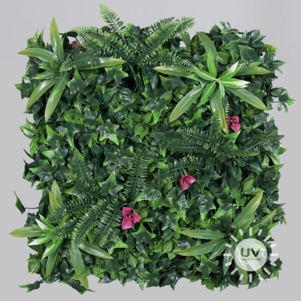UV-Protected Green Wall Mat with Pink Blossoms – 50x50cm Artificial Hedge Panel