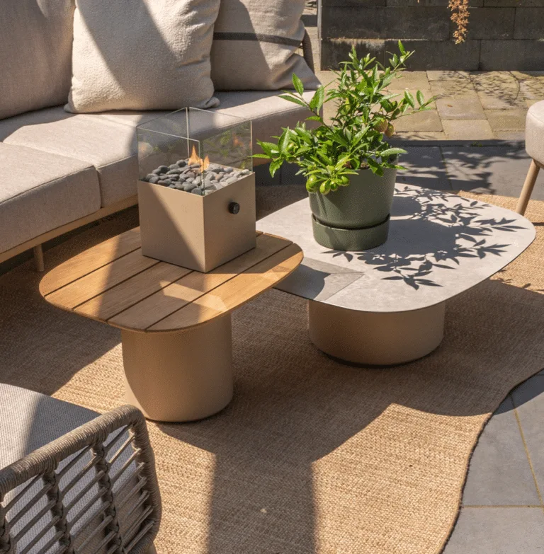 Demi Coffee tables set of two in lifestyle setting with bari 3 seater set next to them. Coffee table for sale.