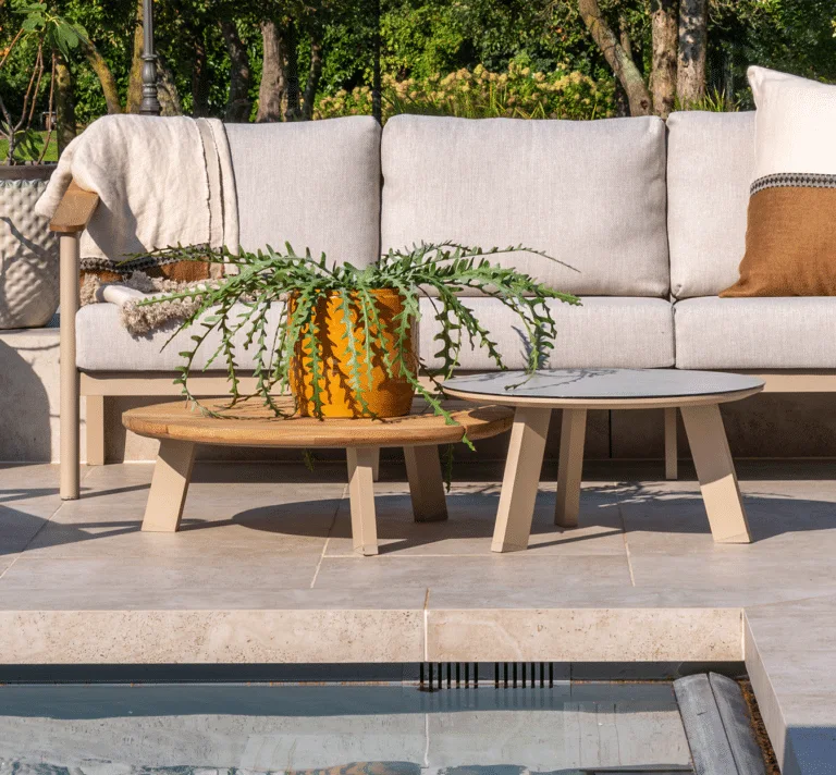 Emma Outdoor Coffee table set of two, teak and aluminium coffee table, patio furniture , round coffee table for sale.