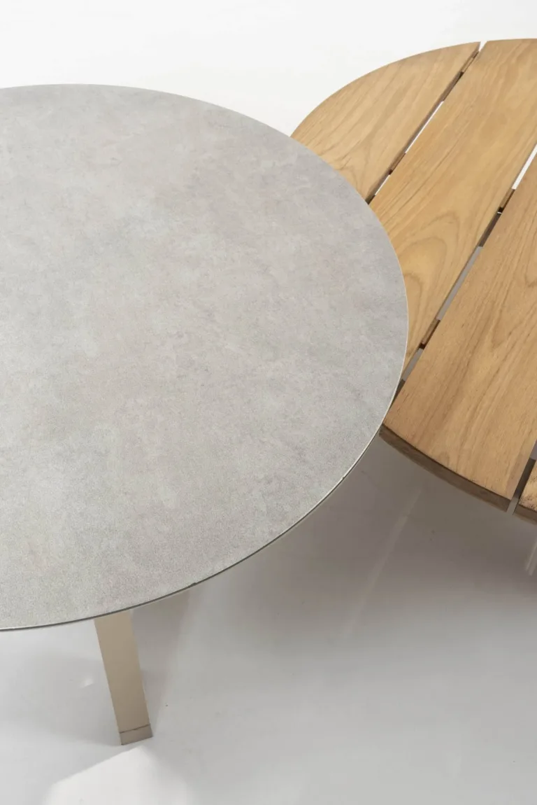 Emma Outdoor Coffee table set of two, teak and aluminium coffee table, patio furniture , round coffee table for sale. close up picture