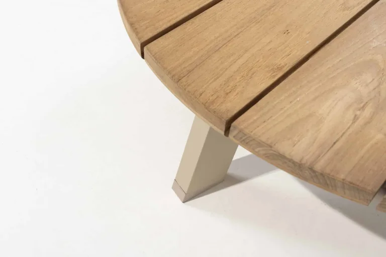 Emma Outdoor Coffee table set of two, teak and aluminium coffee table, patio furniture , round coffee table for sale. closeup teak