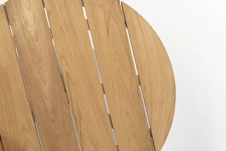 Emma Outdoor Coffee table set of two, teak and aluminium coffee table, patio furniture , round coffee table for sale. close up of teak top