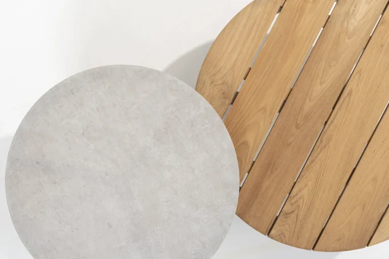 Emma Outdoor Coffee table set of two, teak and aluminium coffee table, patio furniture , round coffee table for sale. Top view, side by side tables