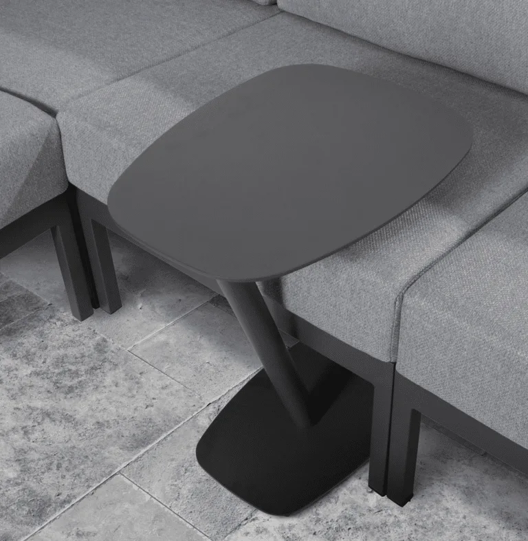 Panino aluminium side table on orlando corner set in lifestyle environment. For sale from outdoor scene., Dublin 14