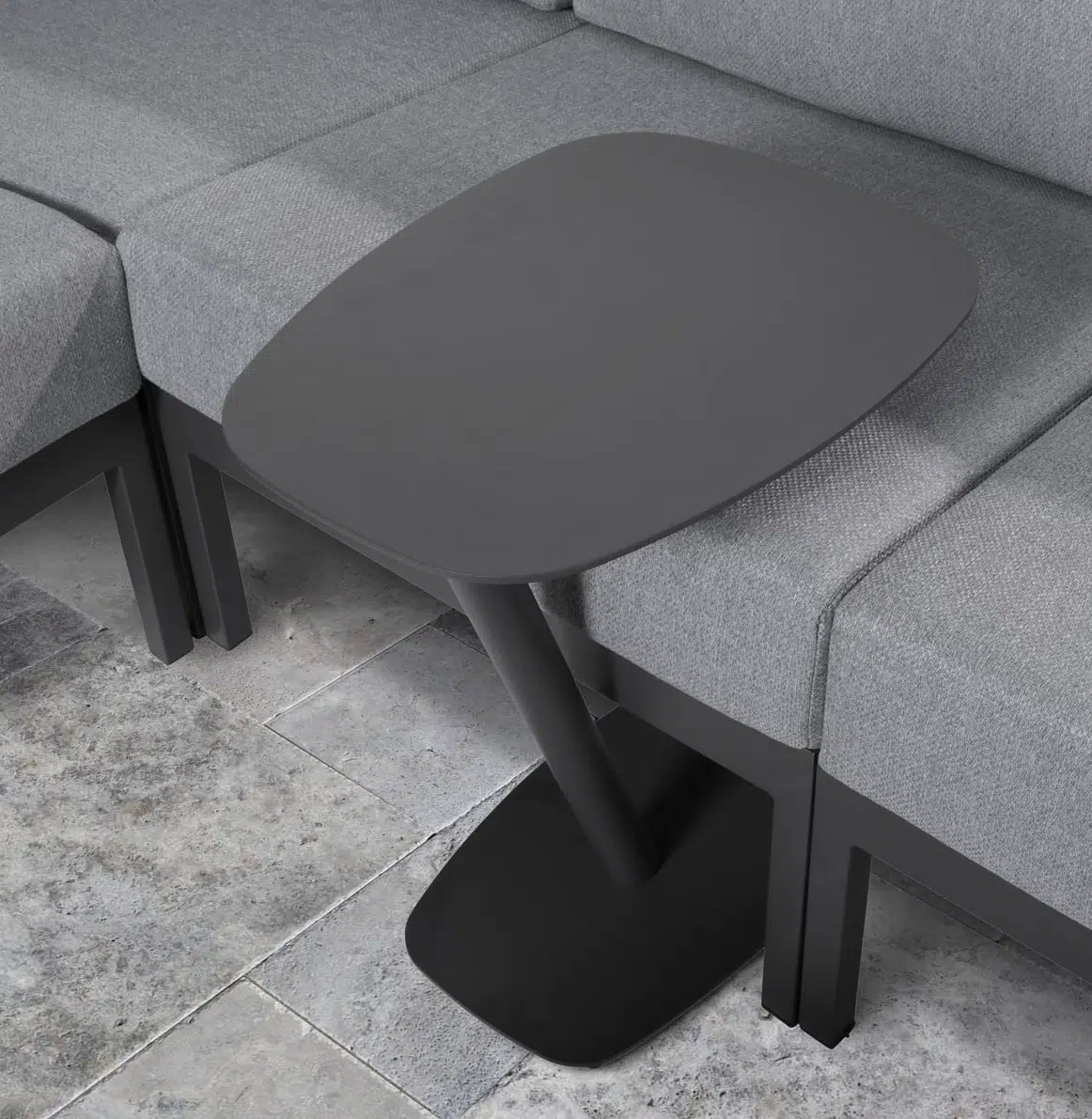 Panino aluminium side table on orlando corner set in lifestyle environment. For sale from outdoor scene., Dublin 14