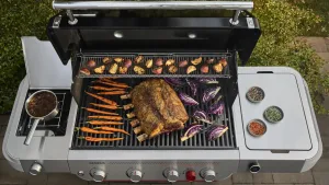 All New Weber Genesis EP 435w 4 burner branded, versatile gas Grill barbecue for Sale in Ireland, outdoor BBQ Weber on sale 2025 open lid.