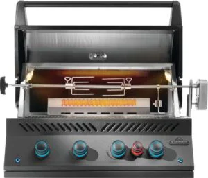 Napoleon Built In Barbecue 700 series 32 inch Black with rear burner- Built In Barbecues For Sale Dublin. Outdoor BBQ. Gas grill open hood with lights