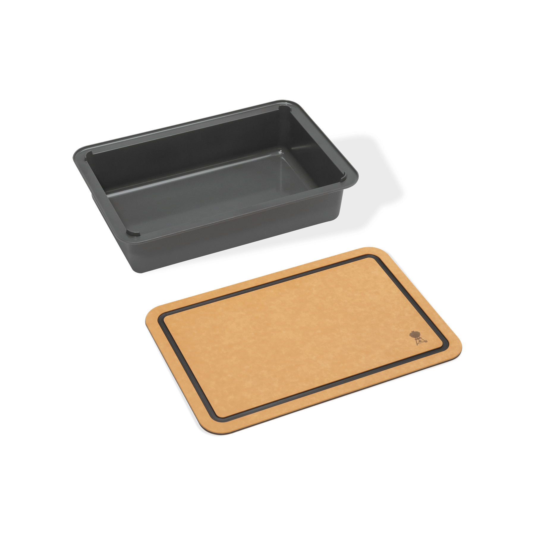 Weber Basin with cutting board for weber gas grills, kept side by side teak finish on top. BBQ accessory.