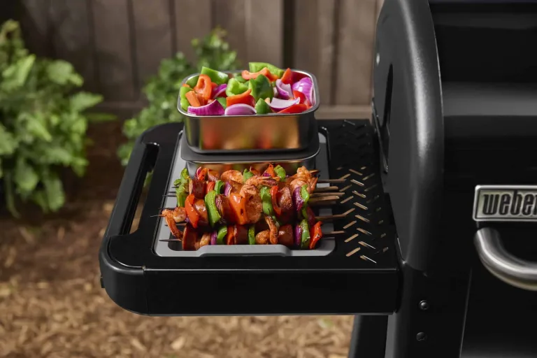 Weber Works Serving Kit gas grill accessory for side shelf lifestyle with food