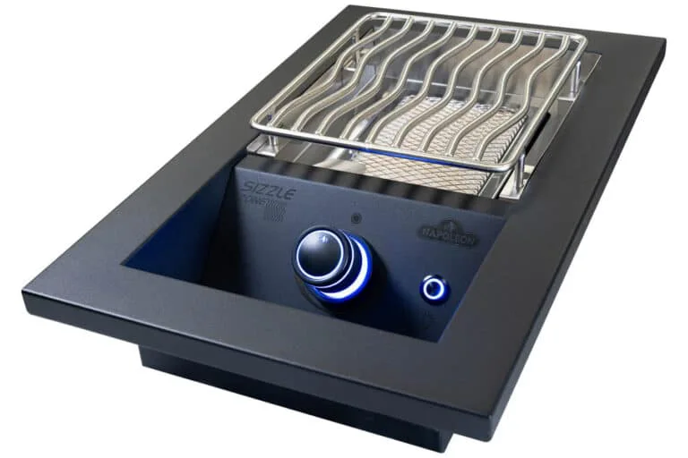 Napoleon propane gas grill built in IR Side burner for sale from The Outdoor Scene, blue light, switched off