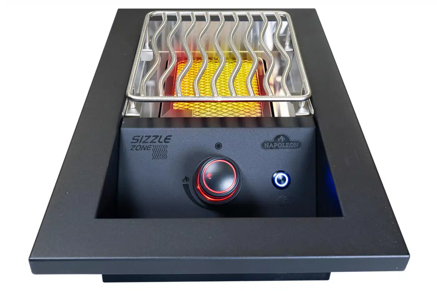 Napoleon propane gas grill built in IR Side burner for sale from The Outdoor Scene. Lighted up with red flame and knob light