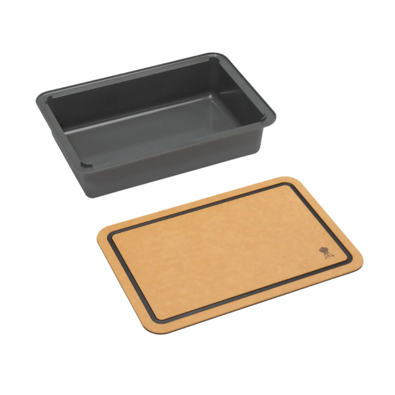 Weber Basin with cutting board for weber gas grills, kept side by side teak finish on top. BBQ accessory.