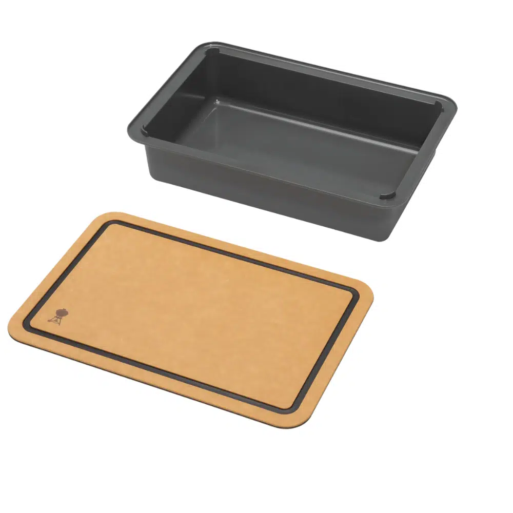 Weber Basin with cutting board for weber gas grills, kept side by side teak finish on top. BBQ accessory.