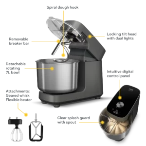 Ooni Halo pro spiral mixer black variant with label of each part of mixer