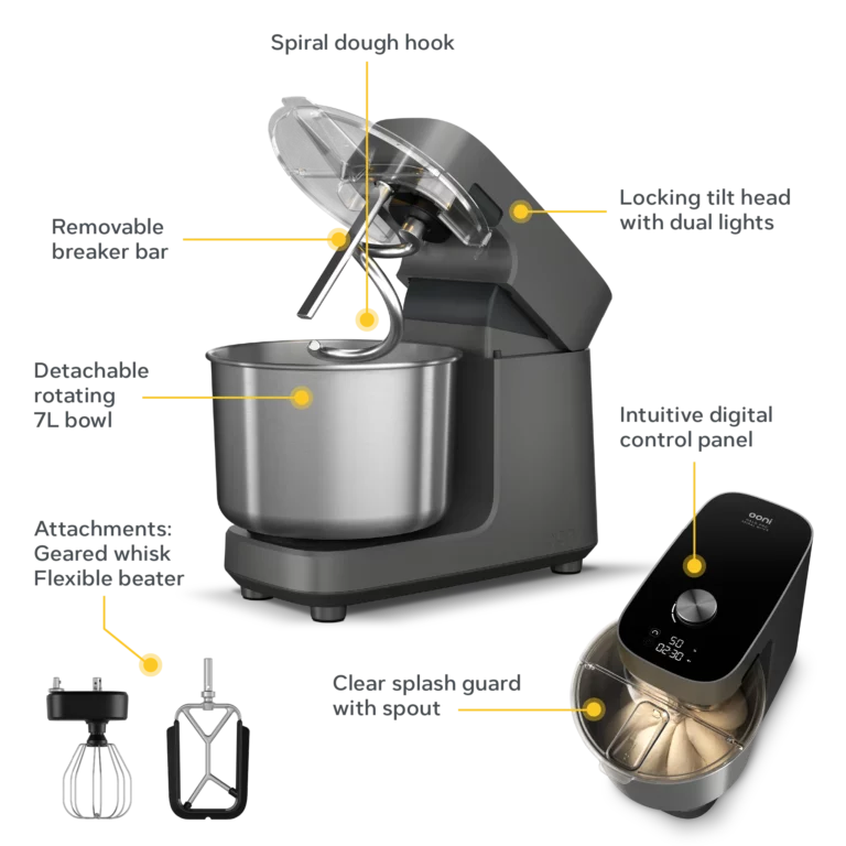 Ooni Halo pro spiral mixer black variant with label of each part of mixer