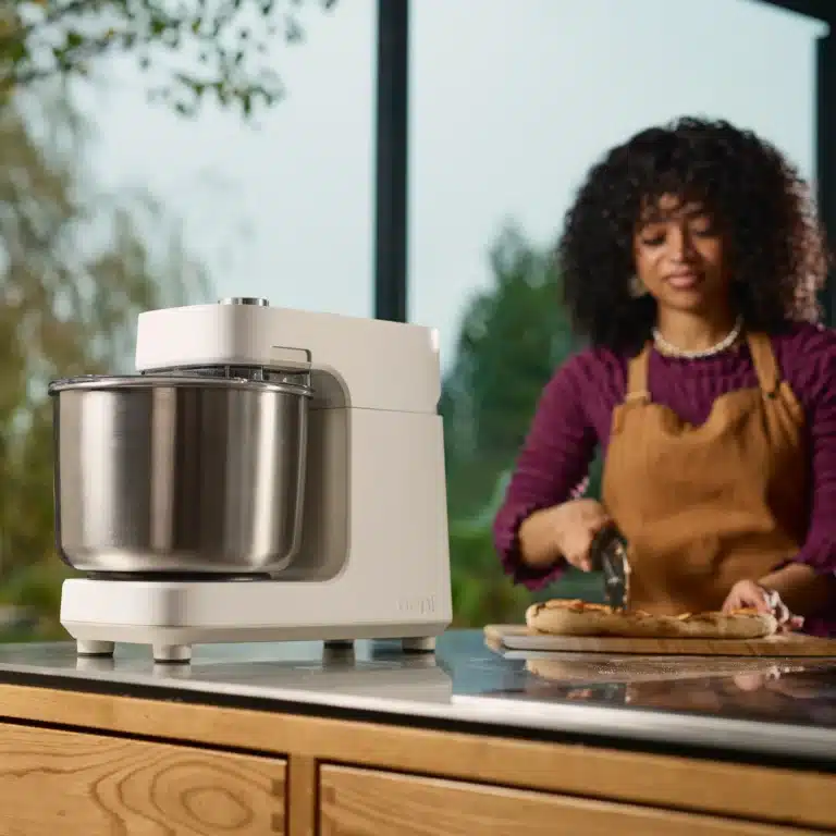 Ooni Halo pro spiral mixer white variant on kitchen counter top.