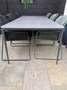 Marra Aluminium Dining table lifestyle shot, showroom furniture, Outdoor Garden furniture for Irish patio. Furniture for sale in Dublin 14. The Outdoor Scene best garden center Ireland