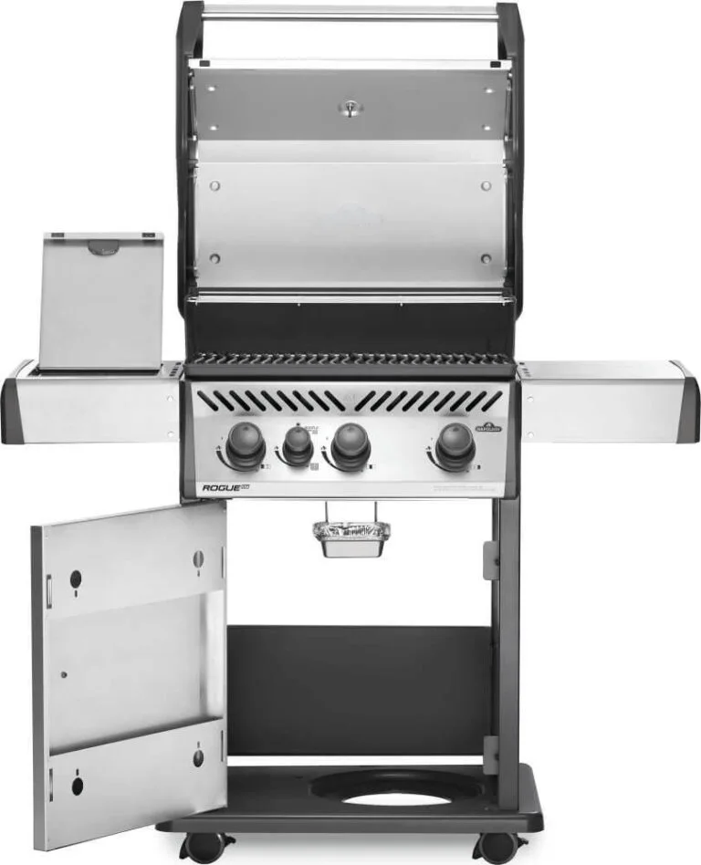 Napoleon Rogue 3 burner XT 425 Stainless steel gas grill with infrared side burner all hood open, BBQ for sale, Outdoor Barbecue Ireland from Best garden center in Ireland