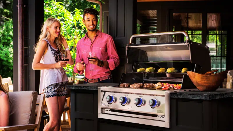 Broil King inbuilt barbecue head in outdoor Kitchen in lifestyle setting. The Outdoor Scene is premium destination to buy barbecues in Ireland